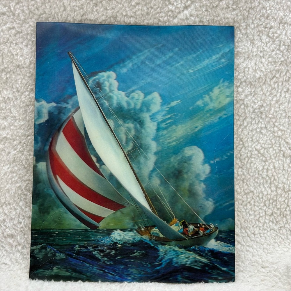 Toppan Lenticular 3-D sailboat on ocean clouds stiff poster 10" x 13" Japan READ
